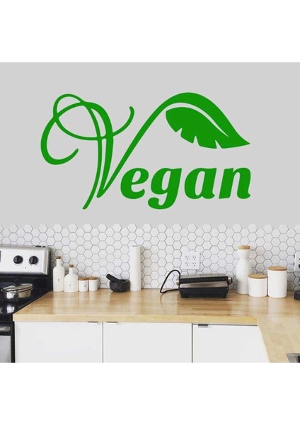 Vegan Yazılı Yaprak Silüet Dekoratif Duvar Sticker, Çıkartma, Etiket Yeşil