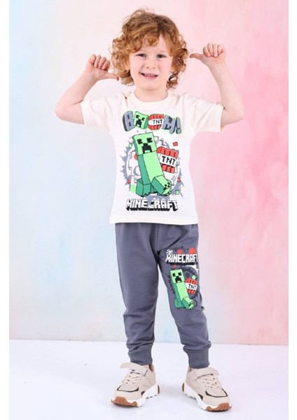 Pjkke Minecraft Desenli Füme Eşofmanlı Erkek Çocuk Kısa Kol Takım 3-10 Yaş 7461-F