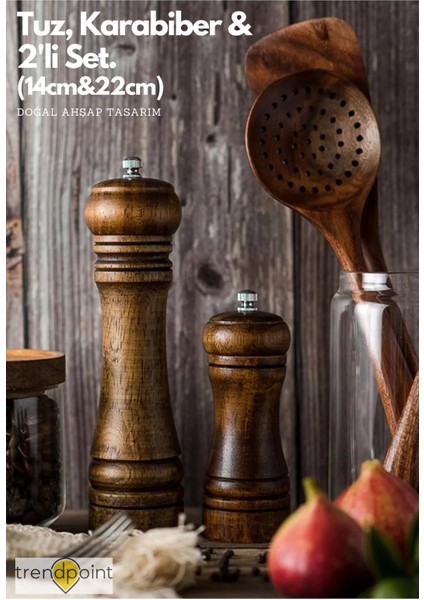 2li Set Baharat Öğütücü Premium Doğal Ahşap Değirmen Karabiber Tuz Kahve Tuzluk Biberlik 2li Set 14CM+22CM