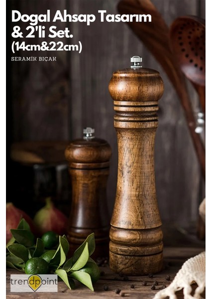 2li Set Baharat Öğütücü Premium Doğal Ahşap Değirmen Karabiber Tuz Kahve Tuzluk Biberlik 2li Set 14CM+22CM fiyatları