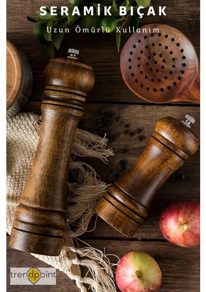 2li Set Baharat Öğütücü Premium Doğal Ahşap Değirmen Karabiber Tuz Kahve Tuzluk Biberlik 2li Set 14CM+22CM modelleri