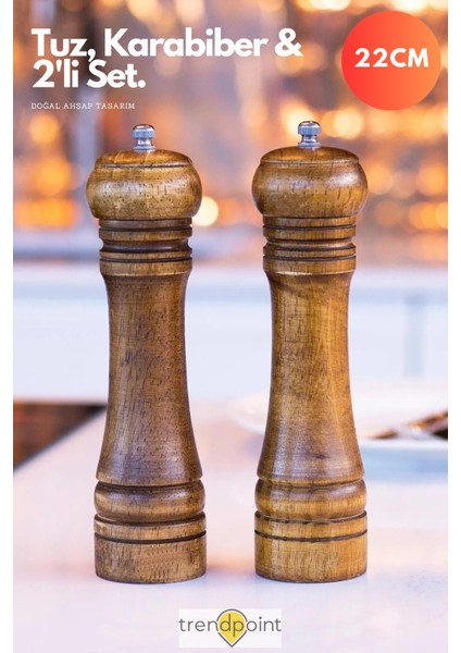 2li Set Baharat Öğütücü Premium Doğal Ahşap Değirmen Karabiber Tuz Kahve Tuzluk Biberlik 2li Set 22CM