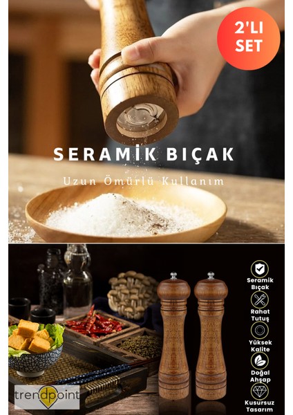 2li Set Baharat Öğütücü Premium Doğal Ahşap Değirmen Karabiber Tuz Kahve Tuzluk Biberlik 2li Set 22CM modelleri