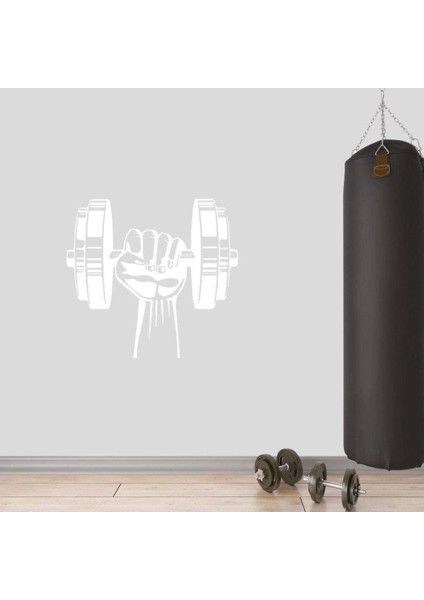 Dumbell Tutan El, Fitness Dekoratif Duvar Sticker, Çıkartma, Etiket Beyaz