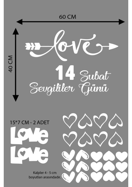 Happy Valentine's Day Sevgililer Günü Sticker Kalp, Love, I Love You Cam, Duvar Sticker Etiket Seti
