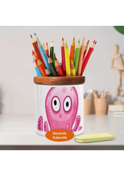 Pembe Şaşkın Ahtapot Ahşaplı Seramik Kalemlik - 7598 fiyatları