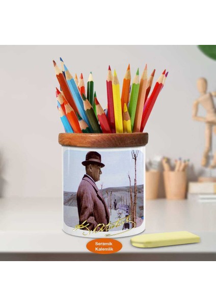 Modern Şapkalı Mustafa Kemal Atatürk Ahşap Seramik Kalemlik-A(50)