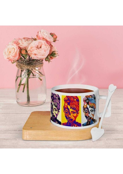 Audrey Hepburn Graffiti Ahşap Tepsi ve Kaşıklı Lüks Fincan Set - LF855