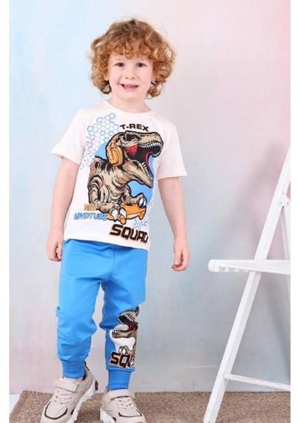 Pjkke T-Rex Dinazor Desenli Mavi Eşofmanlı Erkek Çocuk Kısa Kol Takım 3-10 Yaş 7495-M