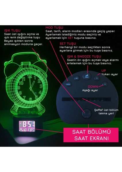 Upvay 3D Illüzyonlu Rgb Işık Animasyonlu Çalar Masa Saati Gece Lambası