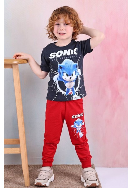 Pjkke Sonic Desenli Kırmızı Eşofmanlı Erkek Çocuk Kısa Kol Takım 3-10 Yaş 7467-K