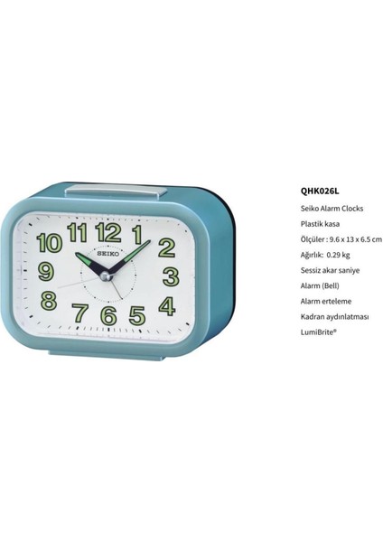 Clocks QHK026L Fosforlu Alarmlı Sessiz Akar Saniyeli Masa Saati