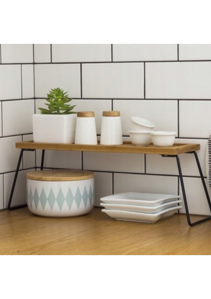 Dekoratif Bambu ve Metal Ayaklı Saklama Düzenleme Rafı Oraganizer- 36 x 12 x 15 cm , Doğal ve Siyah fırsatları