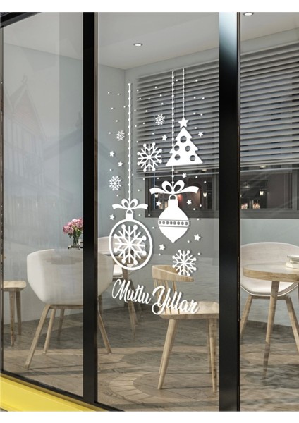 Mutlu Yıllar Kartanesi Yılbaşı Cam Vitrin Duvar Süsleme Etiket Sticker 50 x 100 cm