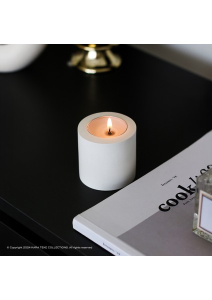 Dekoratif, Şık, Modern ve Minimalist, Düzbasli Silindir Tealight Mumluk (Bej - Kırık Beyaz)