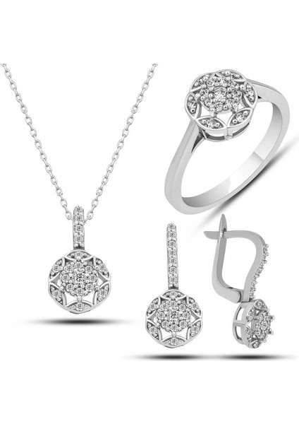 Gümüş Beyaz Zirkon Taşlı Çiçek Kadın Set