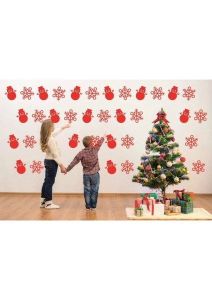 Yeniyıl Noel Temalı Vitrin Cam Kardan Adam Kar Tanesi Sticker Kırmızı 69 Adet