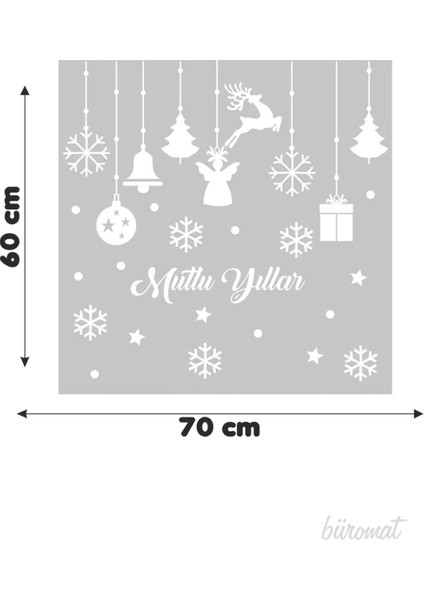 Mutlu Yıllar Yazısı Kar Taneleri ve Kutular Balonlar Vitrin,cam Stickerları 60 x 70 cm