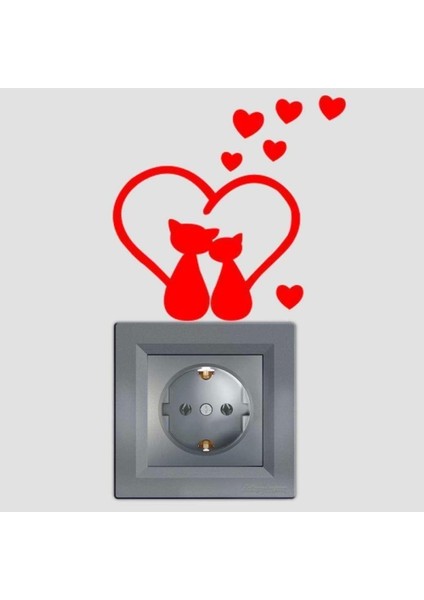 Kuyrukları Kalp Olmuş Kırmızı Kalpli Kedicikler Priz Sticker Etiket Kırmızı 2 Adet 88 x 91 mm