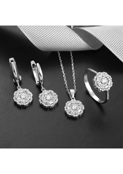 Gümüş Zirkon Taşlı Çiçek Kadın Set