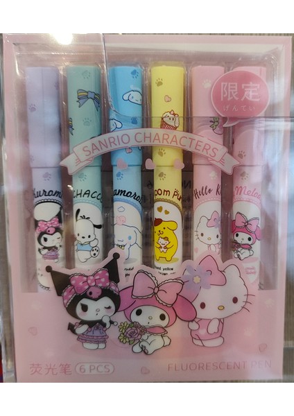 Kuromi Hello Kitty ve Sanrio Karakterleri 6 Lı Fosforlu Kalem Seti F106