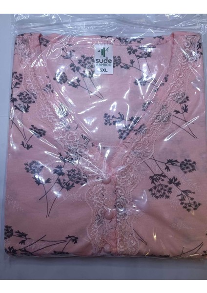 Kadın Bambu Büyük Beden Uzun Kol V Yakası Nakışlı Ince Pijama Takımı P/4357- 1 Adet