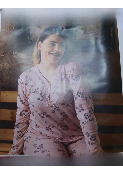 Kadın Bambu Büyük Beden Uzun Kol V Yakası Nakışlı Ince Pijama Takımı P/4357- 1 Adet