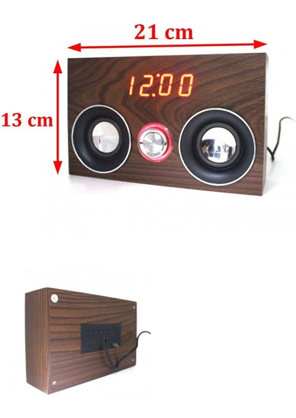 LED Işıklı Ahşap Dijital Masa Saati 2 Li Hoparlör (Ebat: 21 cm x 13 cm )