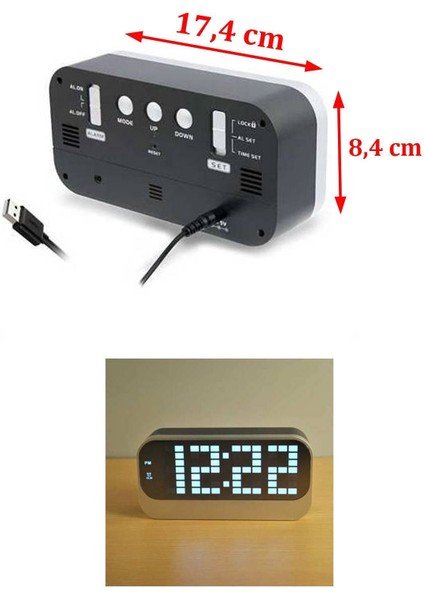 Akıllı LED Işıklı Tarihli Dereceli Alarmli Dijital Saat Masa Saati (Ebat: 17,4 cm x 8,4 cm )