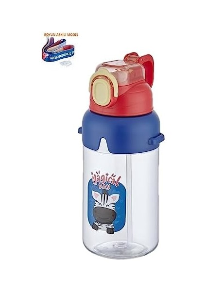 Boyun Askılı Kalın Pipetli Kilitli Kapak 650 ml Okul Su Matarası 3 Renk