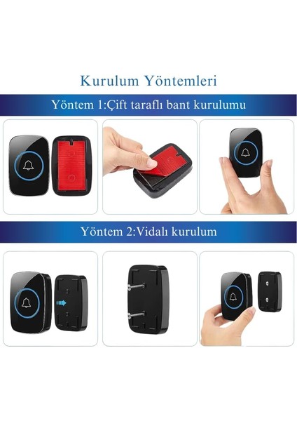 Ticaret Kablosuz Kapı Zili Uzaktan Kumandalı LED Işıklı Kapı Zili Yüksek Sesli Uzun Mesafeli - Logosuz Tasarım (1 Buton + 1 Zil)