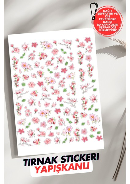 Yapışkanlı Pembe Çiçekler Tırnak Dövmesi, Tırnak Tattoo, Nail Art, Tırnak Sticker