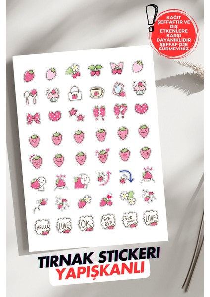 Yapışkanlı Çilek Tırnak Dövmesi, Tırnak Tattoo, Nail Art, Tırnak Sticker