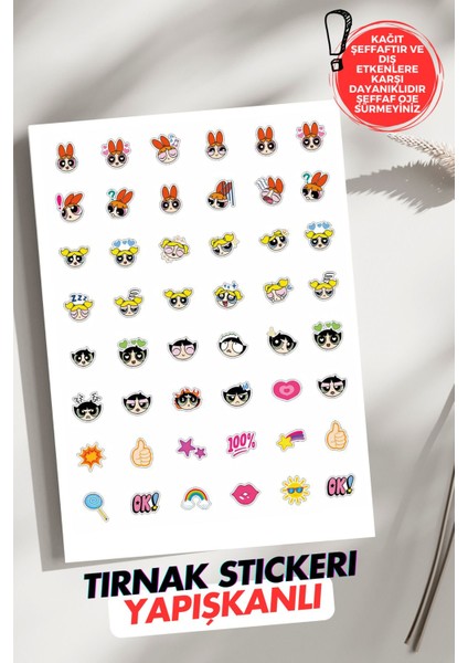 Yapışkanlı Powerpuff Girls Tırnak Dövmesi, Tırnak Tattoo, Nail Art, Tırnak Sticker