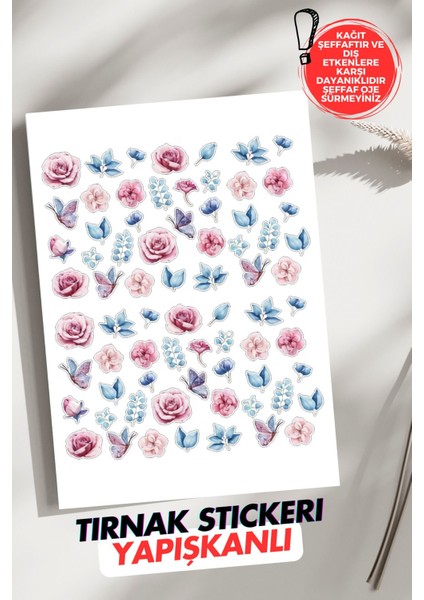 Yapışkanlı Renkli Çiçekler Tırnak Dövmesi, Tırnak Tattoo, Nail Art, Tırnak Sticker