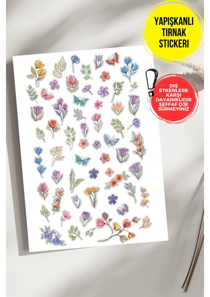 Yapışkanlı Şeffaf Kağıt Pastel Çiçekler Tırnak Dövmesi, Tırnak Tattoo, Nail Art, Tırnak Sticker