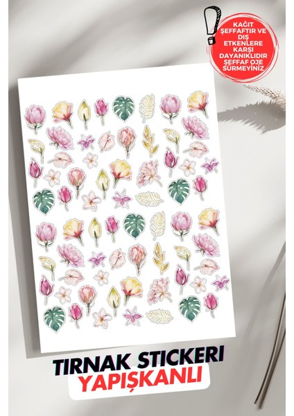Yapışkanlı Renkli Çiçekler Tırnak Dövmesi, Tırnak Tattoo, Nail Art, Tırnak Sticker