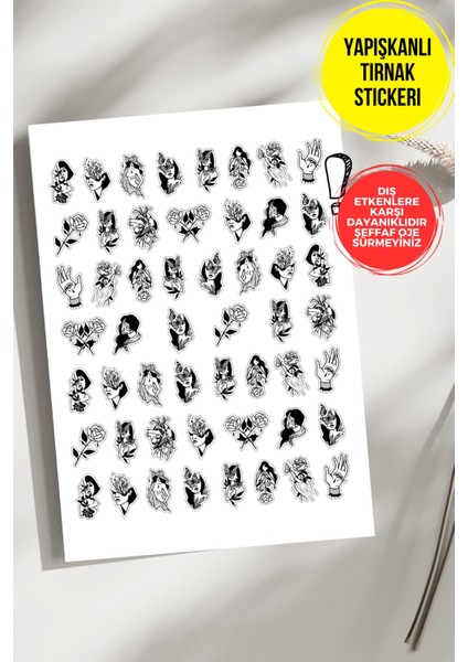 Yapışkanlı Şeffaf Kağıt Kadın ve Çiçek Tırnak Dövmesi, Tırnak Tattoo, Nail Art, Tırnak Sticker