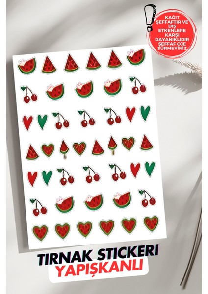 Yapışkanlı Kiraz ve Karpuz Tırnak Dövmesi, Tırnak Tattoo, Nail Art, Tırnak Sticker