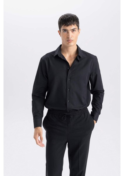 Okula Dönüş Modern Fit Polo Yaka Dokulu Uzun Kollu Gömlek E0475AX24AU