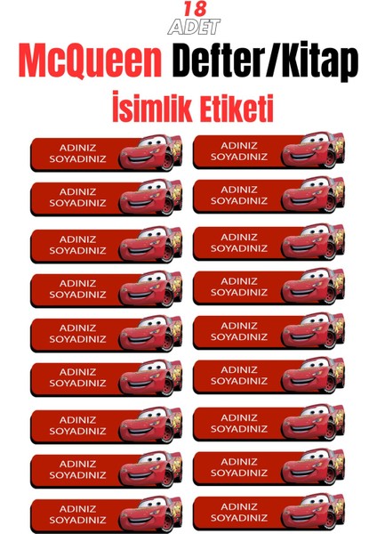 18 Adet Mcqueen Okul Etiketi Kalem Etiketi Defter Etiketi Kişiye Özel Isim Yazılabilen Etiket