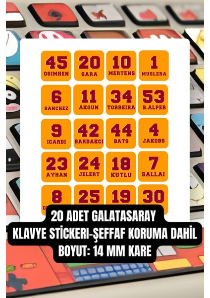 20 Adet Futbol Takımı Klavye Tuşu Stickerı, Klavye Tuşu Çıkartması, Şeffaf Koruma Dahil, 14 mm