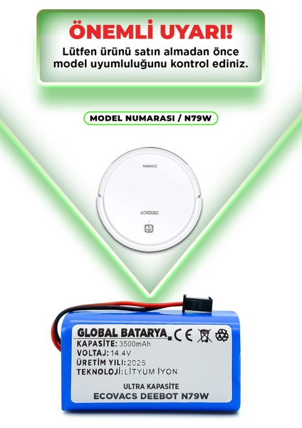 Ecovacs Deebot N79W Akıllı Robot Süpürge Bataryası 14.4V 3500MAH Li-Ion Pil (Ultra Kapasite)