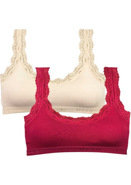 2 Adet Dantel Nakış Işlemeli Pedli Bambu Kadın Büstiyer Krem Bordo