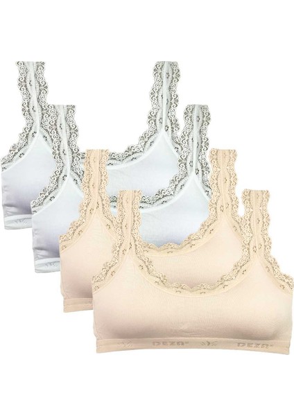 4 Adet Dantel Nakış Işlemeli Pedli Bambu Kadın Büstiyer Beyaz Krem