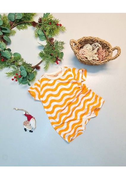 Bebek Yazlık Kısa Kol Şort Tek Parça Çıtçıtlı Tulum Zıbın %100 Pamuk Turuncu Dalga