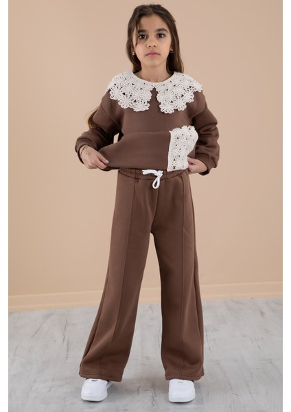 Açık Kahve Dantel Yakalı Şardonlu Kız Çocuk Eşofman Takımı 20252 modelleri