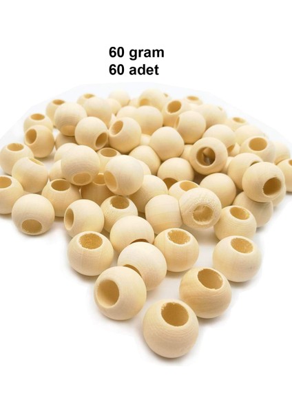 60 gr (60 Adet) Ahşap Boncuk 15 mm Çap x 10 mm Delik Doğal Yuvarlak Ahşap Makrome El Işi Çanta