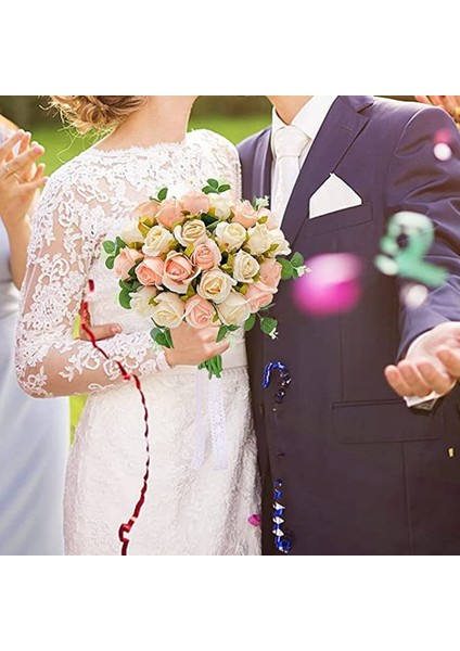 Yapay Çiçekler Sahte Gül Buketi 24 Baş ve Okaliptüs Yaprakları Sapları Toplu Çiçekler Düğün (Pembe) (Yurt Dışından)