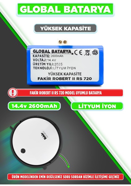 Fakir Robert II Rs 720 Uyumlu Akıllı Robot Süpürge Bataryası 14.4V 2600mAh Li-ion Pil (Yüksek Kapasite)